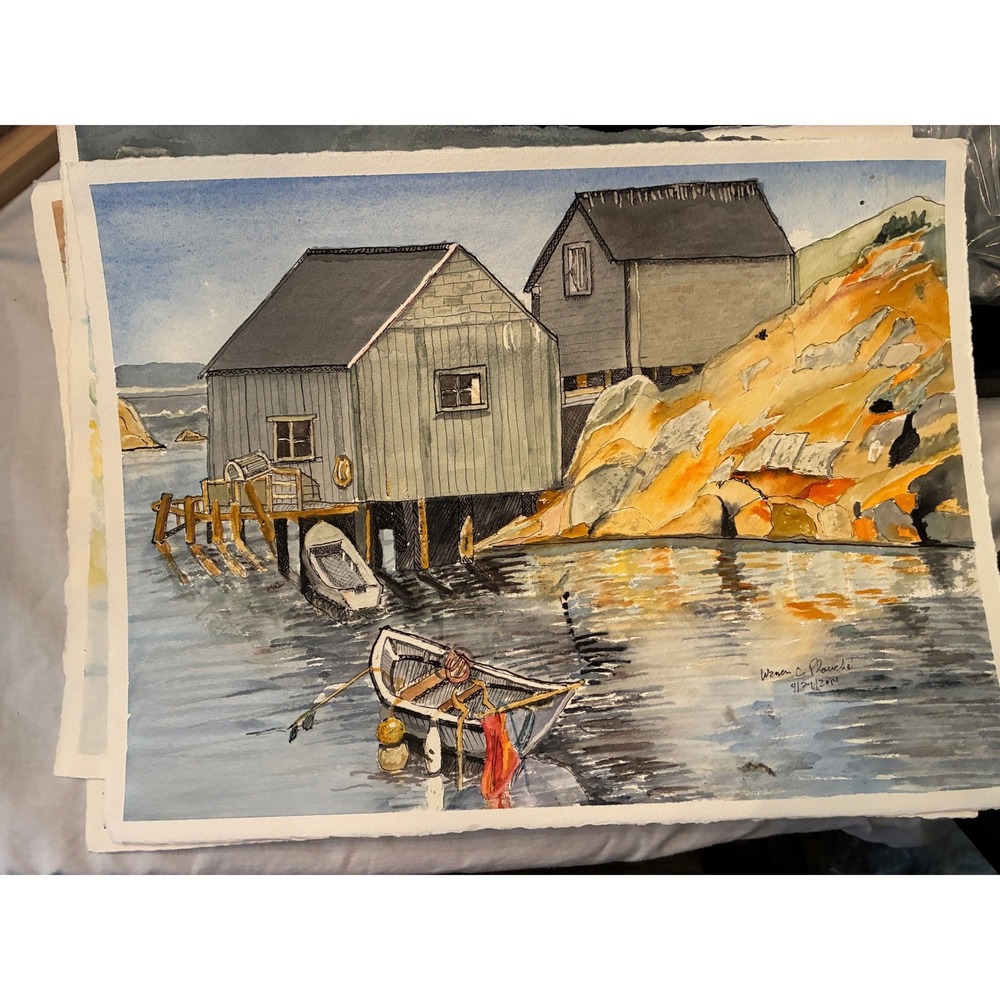 Peggys Cove Original Watercolor Ink Painting Nova Scotia 2014 Warren C Plauche